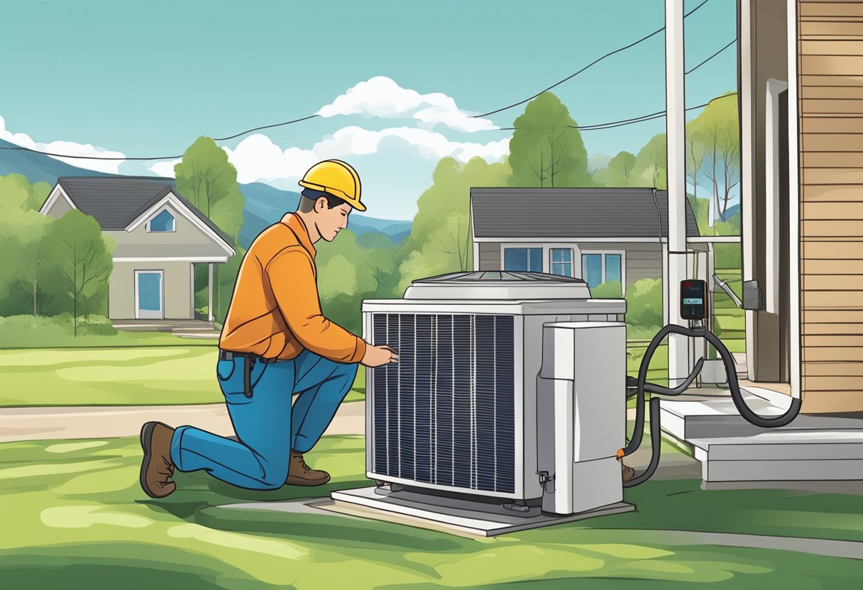 An outdoor scene with a house and a technician installing a heat pump. A power meter measures electricity usage