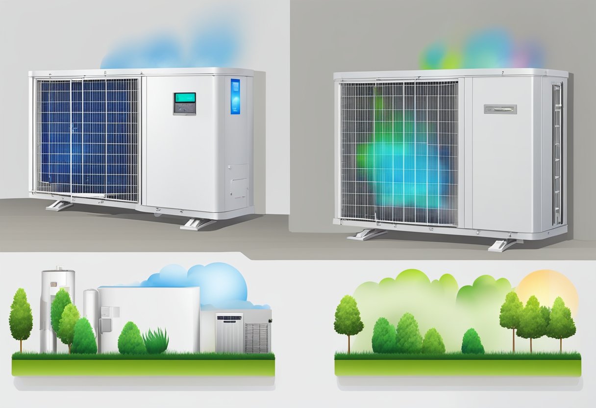 A modern air source heat pump in operation, showing energy savings and usage comparison