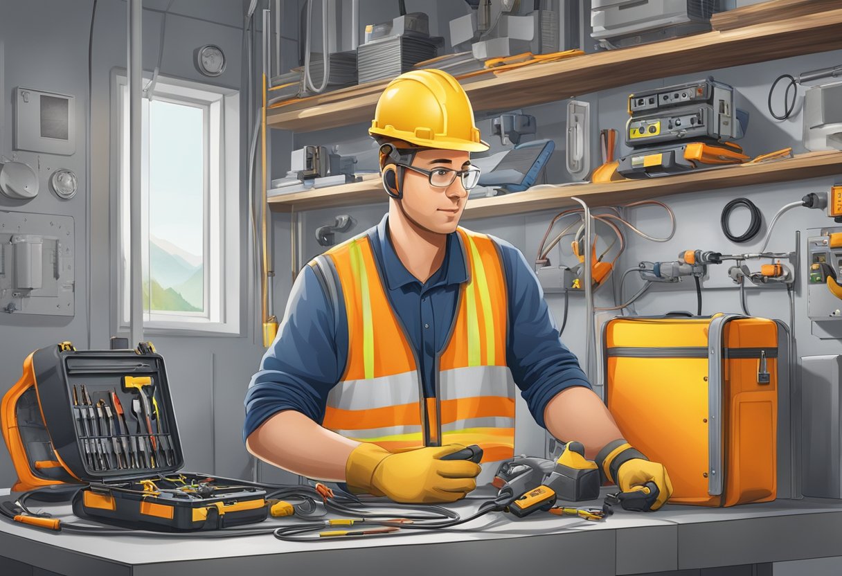 An electrician working in Norway, surrounded by tools and equipment, with a focus on safety and efficiency