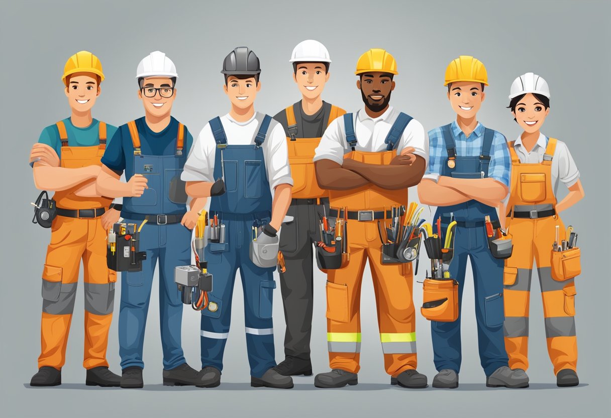 A diverse group of electricians working on various career paths and specializations