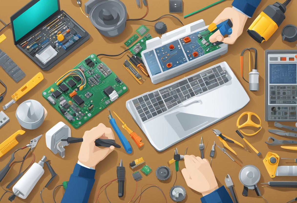 An electrician working on a circuit board with various tools and equipment spread out on a workbench