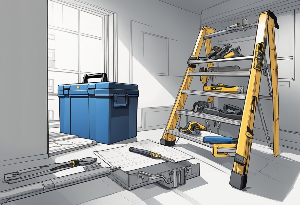 A toolbox sits open, filled with electrical tools. A ladder leans against a wall, leading up to a ceiling fixture. Blueprints and a safety manual lay nearby