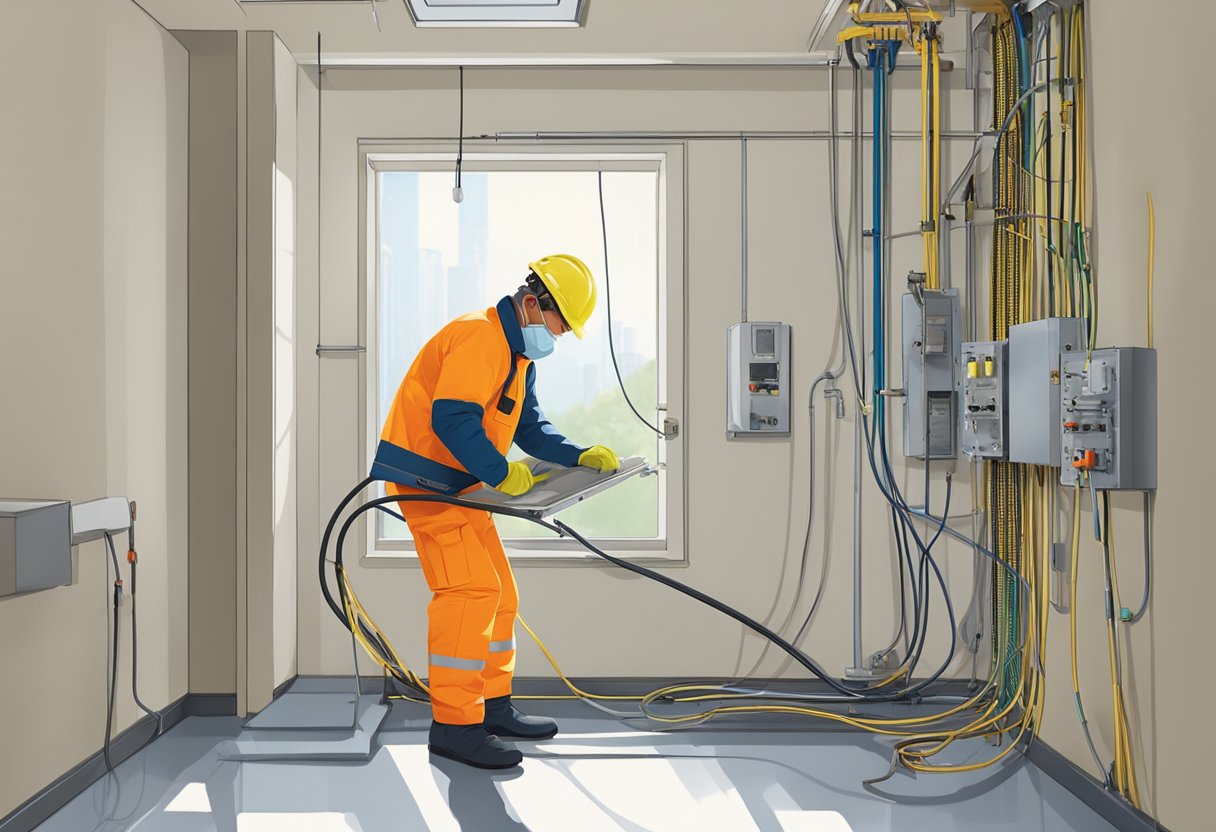 A technician in safety gear works on electrical wiring in a well-lit room