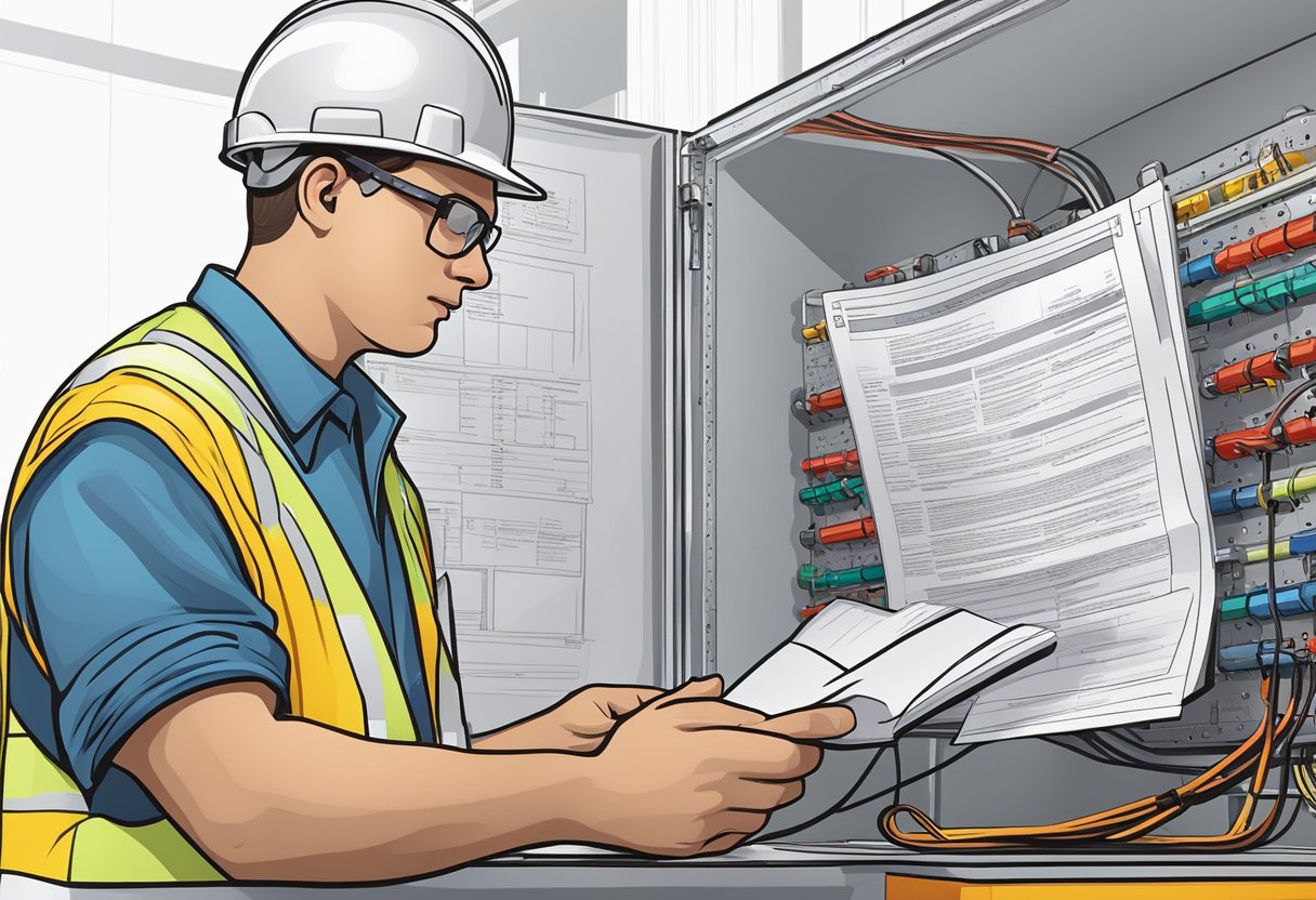 An electrician reviewing collective agreement terms and conditions