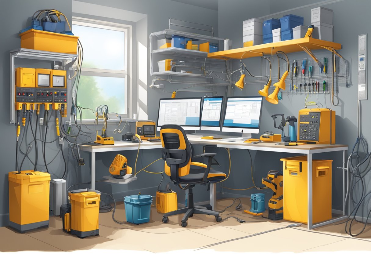 An electrician working in a well-lit and organized workspace, surrounded by safety equipment and following labor regulations