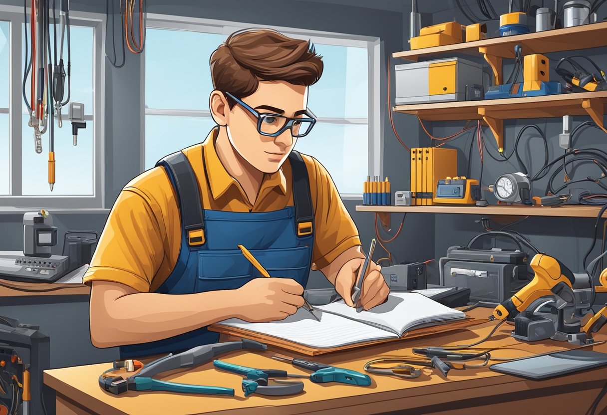 A young electrician apprentice studies for certification, surrounded by tools and electrical equipment in a workshop