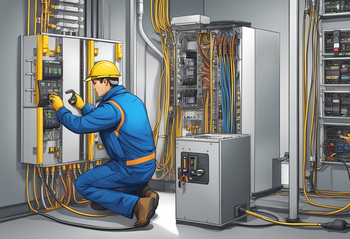 An electrician installing and servicing electrical systems at a location