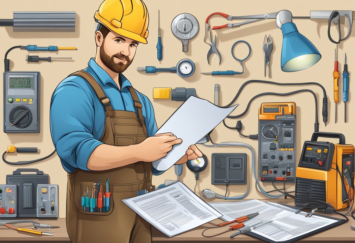 A skilled electrician holding a certificate, surrounded by various electrical tools and equipment, with a backdrop of a bustling job market