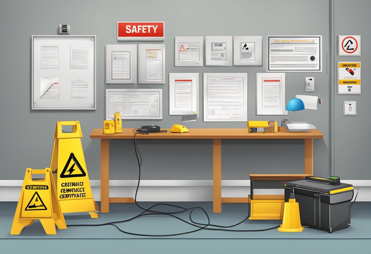 A table with electrical equipment, safety signs, and a certificate on the wall