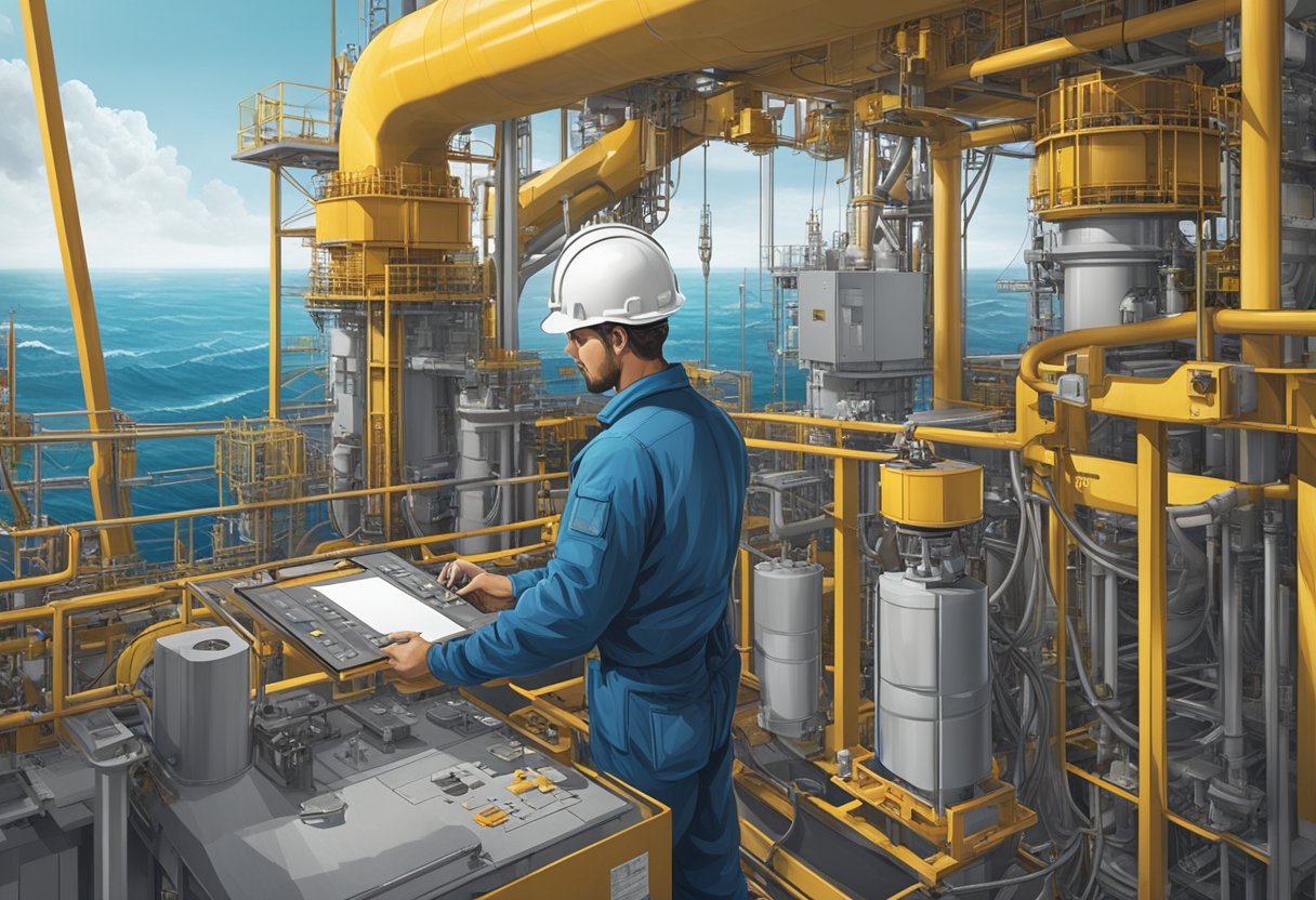 An electrician working on an oil platform, surrounded by machinery and equipment, with a vast ocean stretching out in the background