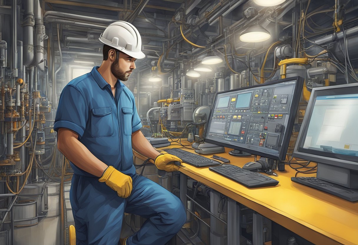 An electrician on an oil platform, surrounded by machinery and equipment, wearing safety gear and working in a well-lit and organized environment