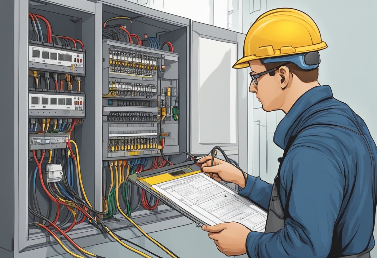 An electrician conducting self-inspection of electrical safety and regulations. No human subjects or body parts in the scene