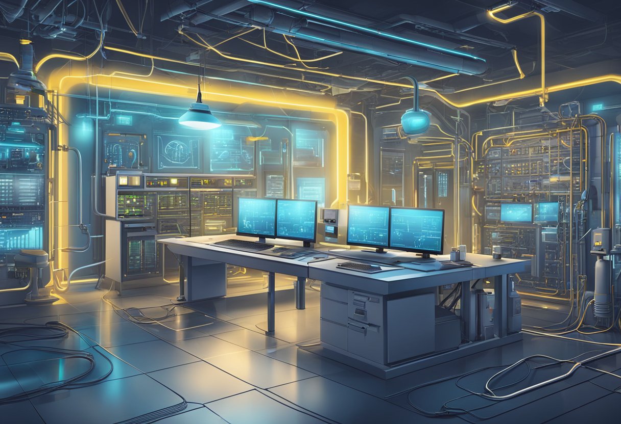 A futuristic electrician workshop with advanced technology and digital interfaces for innovation in the energy industry