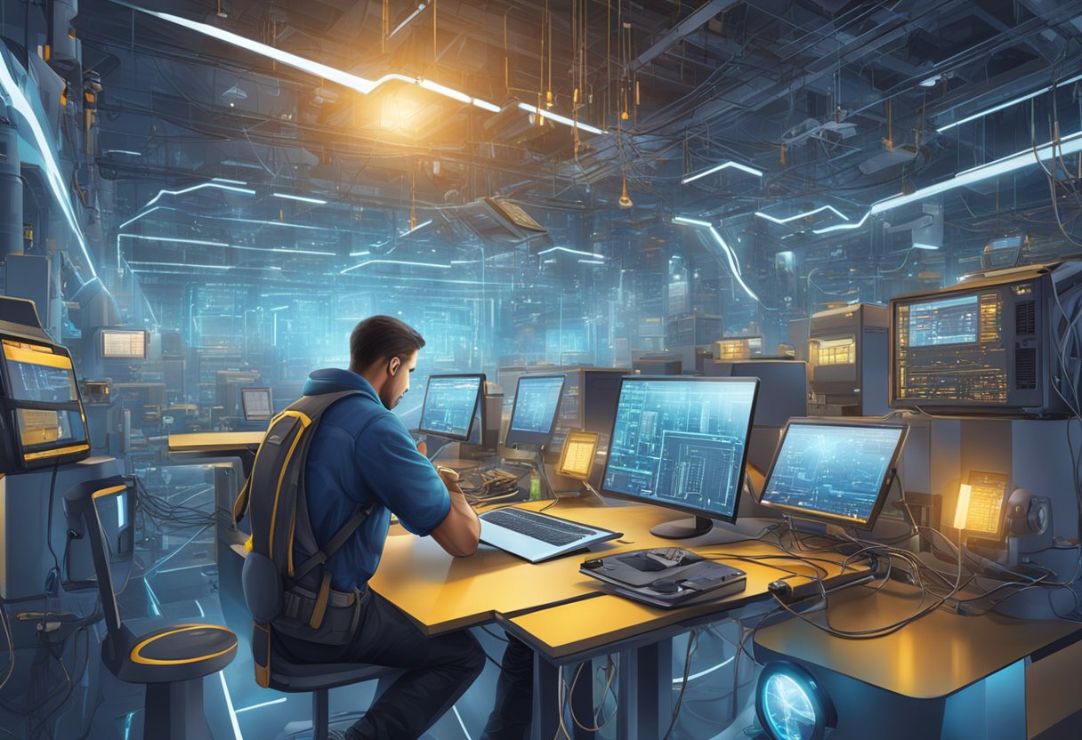 An electrician working on advanced technology in a futuristic market setting