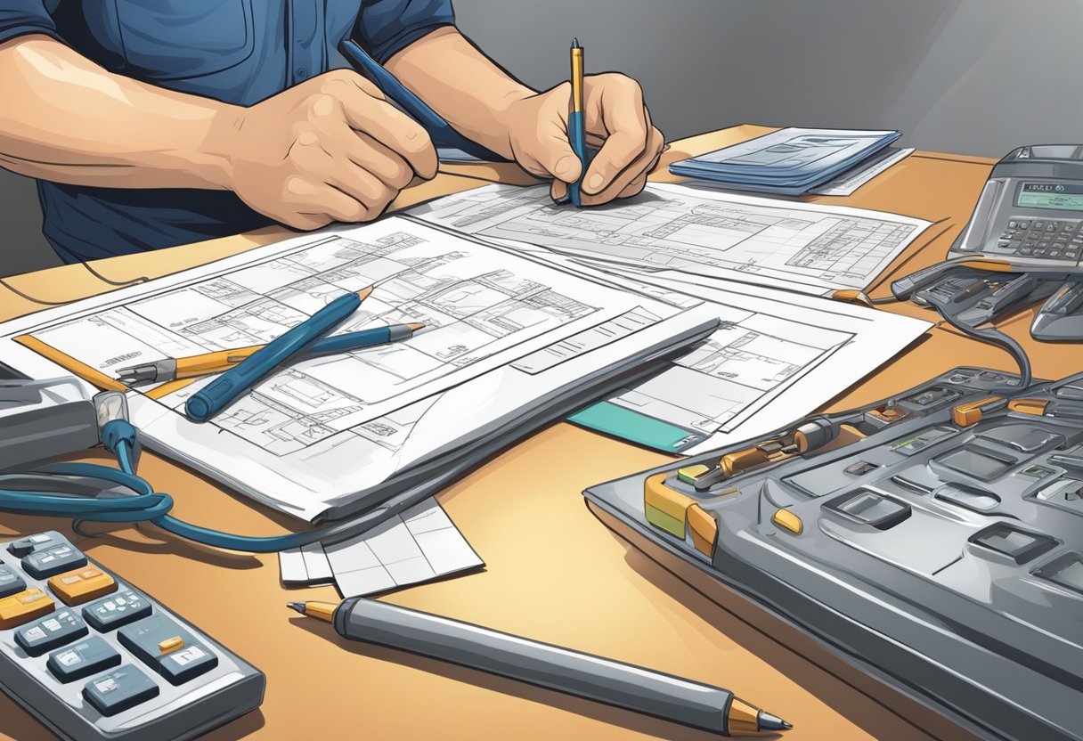 An electrician carefully planning and calculating costs for electrical work, with a focus on utilizing the rotavdrag tax deduction