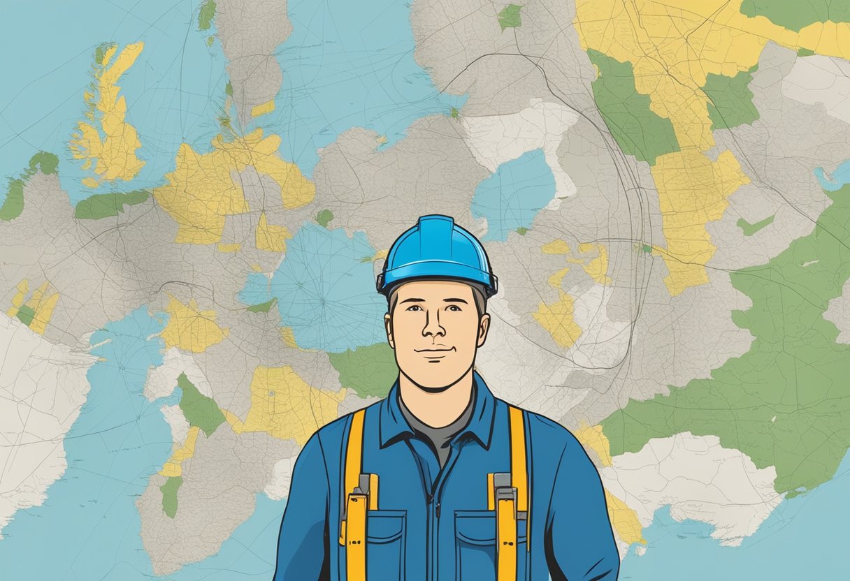 An electrical worker in Sweden, surrounded by tools and equipment, with a map of Sweden showing the distribution of electricians