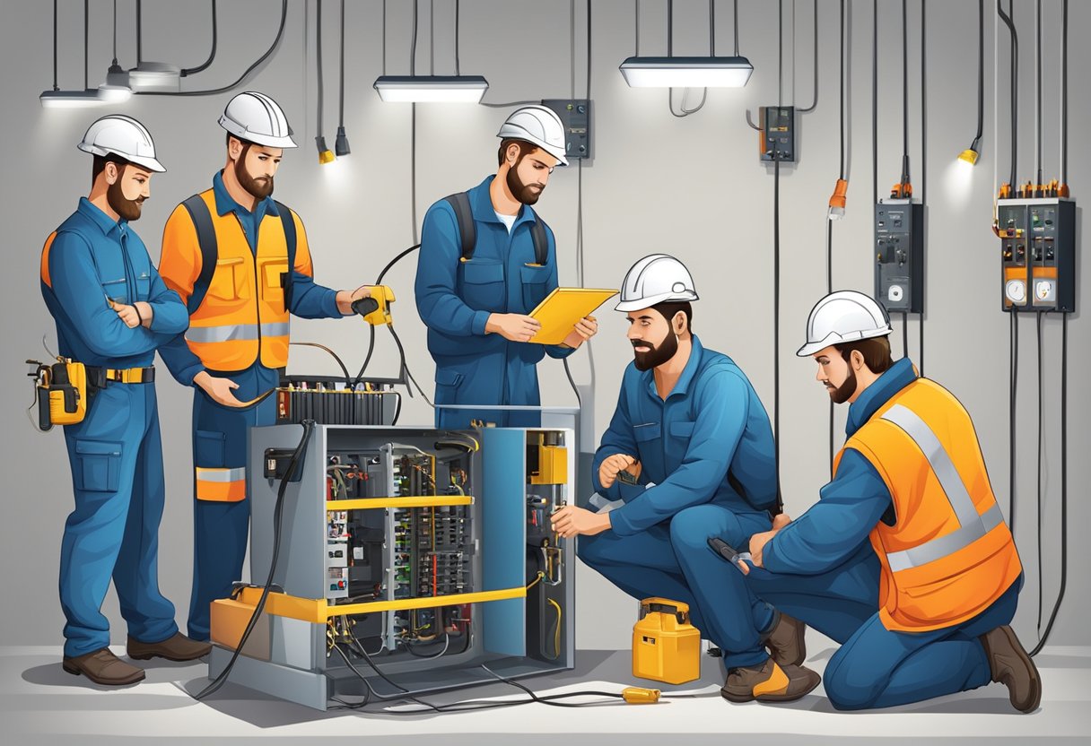 A group of electricians working on various electrical installations and maintenance tasks