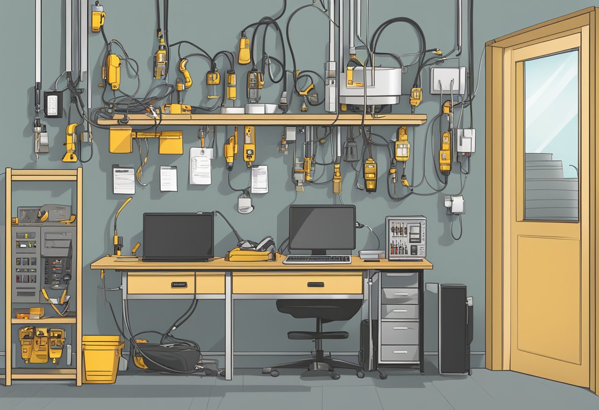 A well-lit, organized workspace with safety equipment. A graphic showing annual electrician fatalities