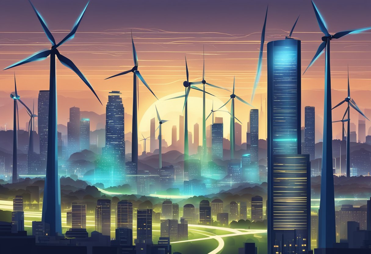 Electricity powers a glowing city skyline, with lights illuminating buildings and streets. Renewable energy sources, like wind turbines and solar panels, contribute to a sustainable environment