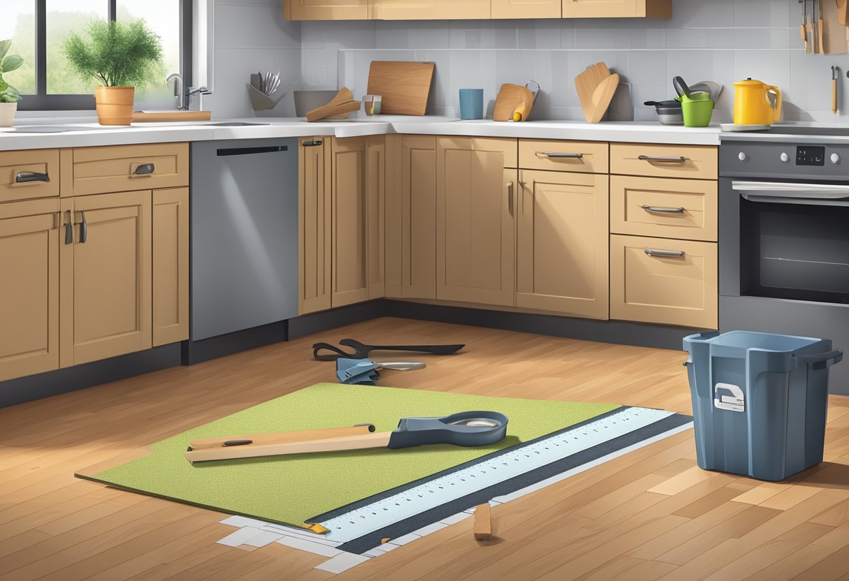 A kitchen with a newly installed floor, measuring tools, and a pile of flooring materials