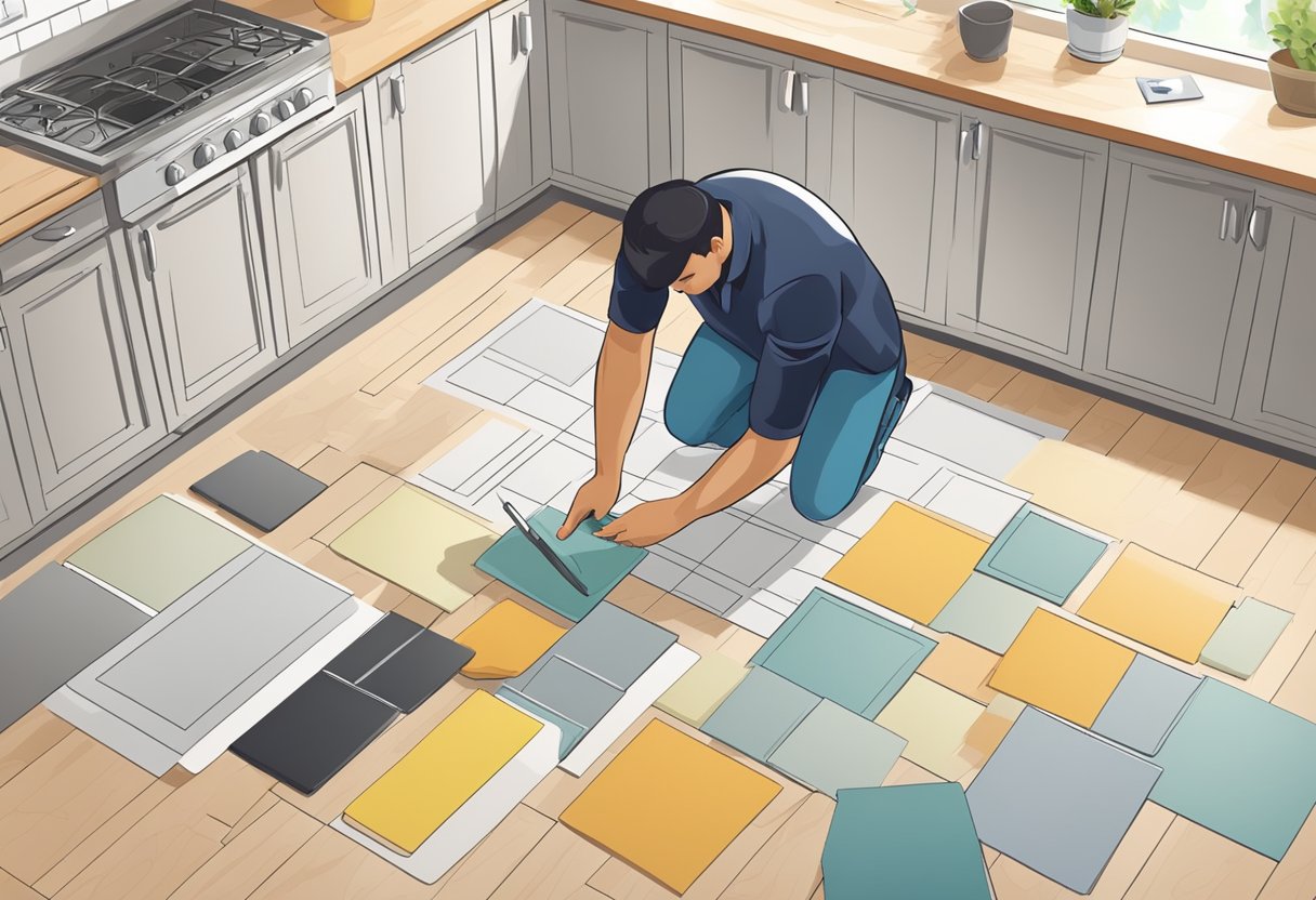 A person selecting kitchen flooring materials and calculating installation costs