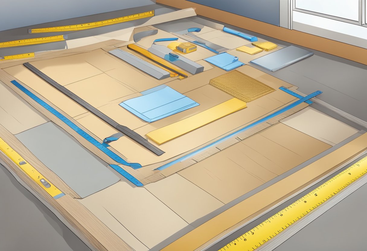 Preparation of the surface for laying floor, including measuring and cutting materials