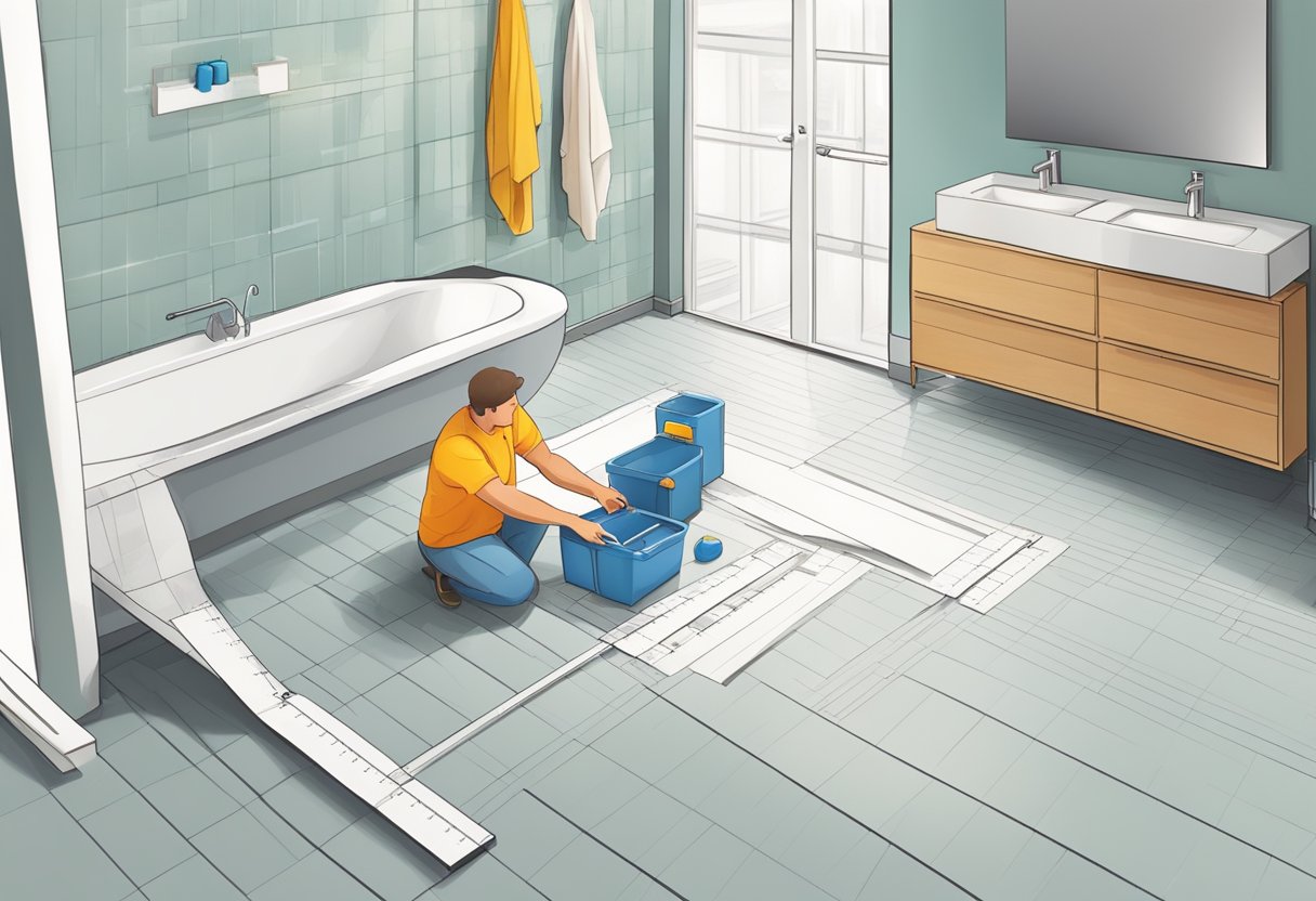 A person measuring and planning to lay bathroom flooring