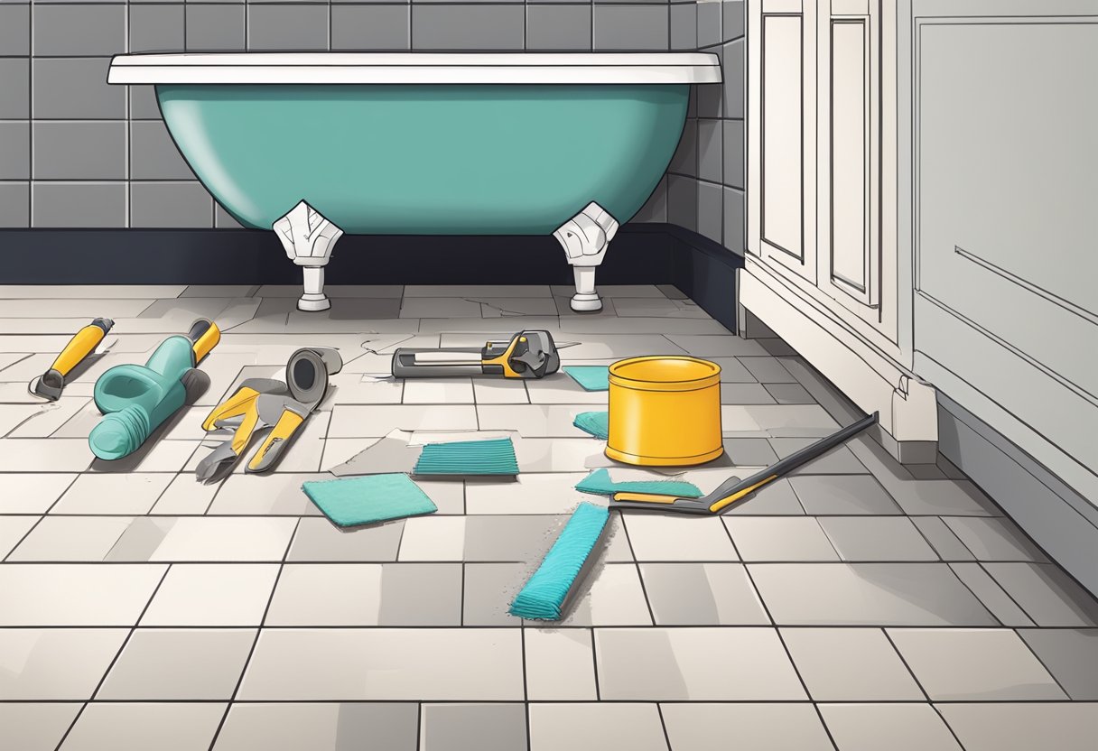 A bathroom floor being laid and installed, with tools and materials scattered around