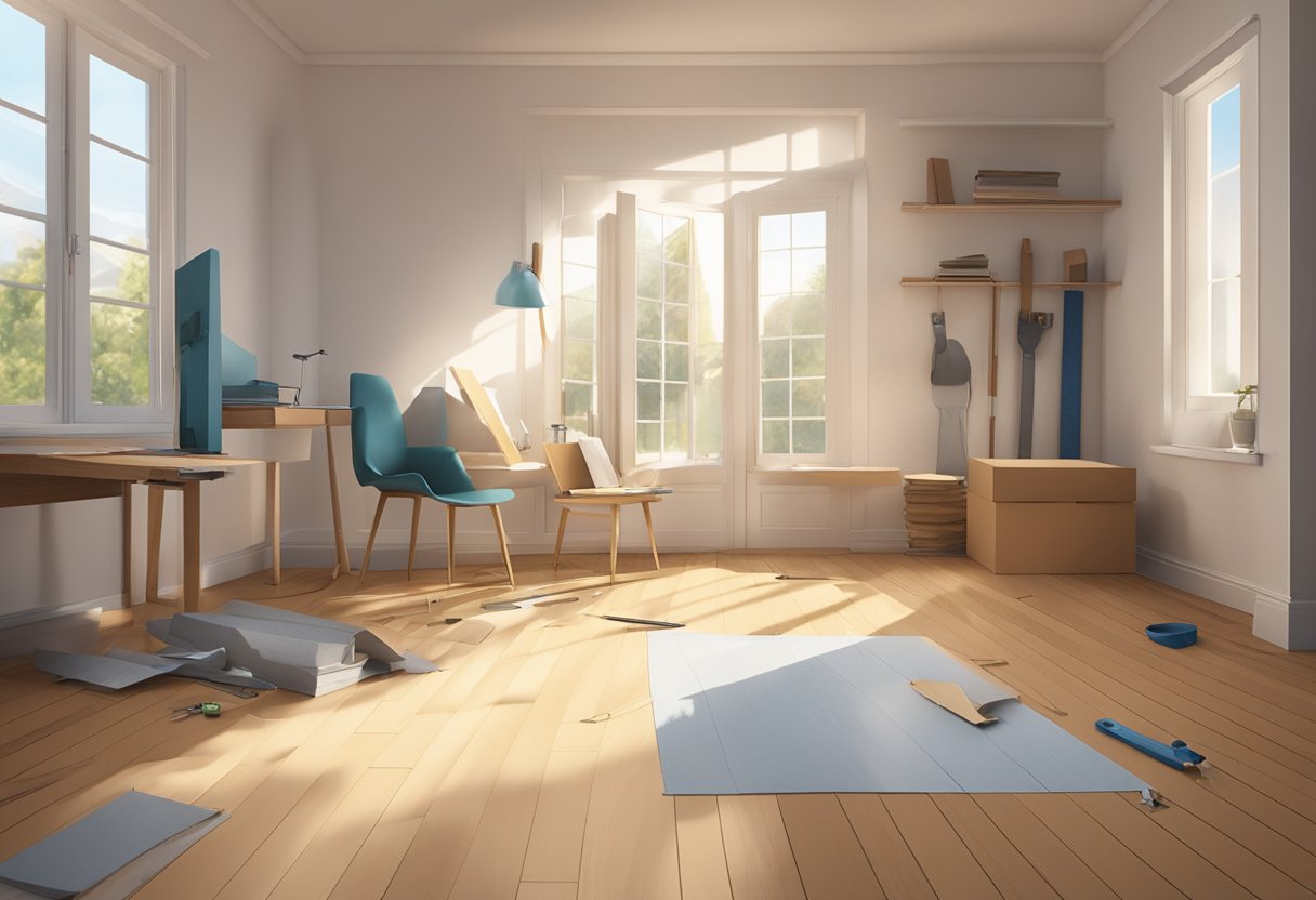 A room with Junckers wood flooring being installed. Tools and materials scattered around. Light streaming in through a nearby window