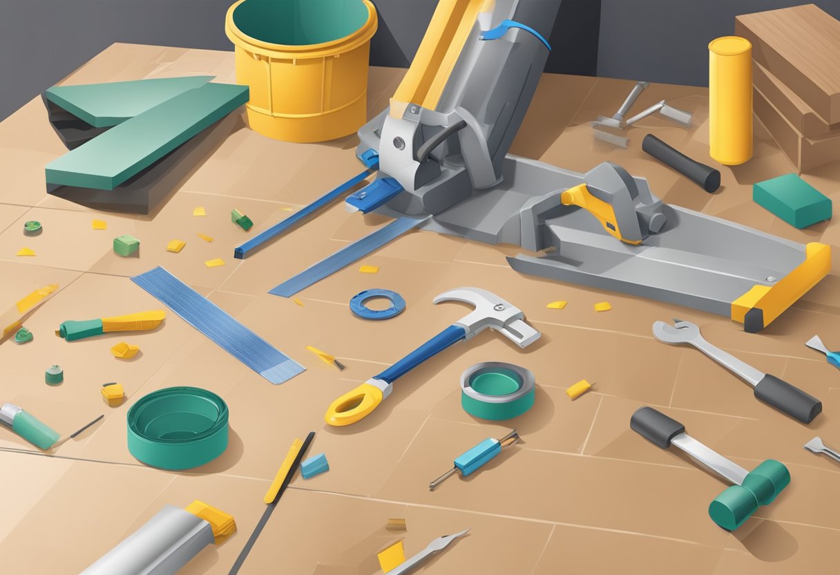 A floor being installed with tools and materials scattered around