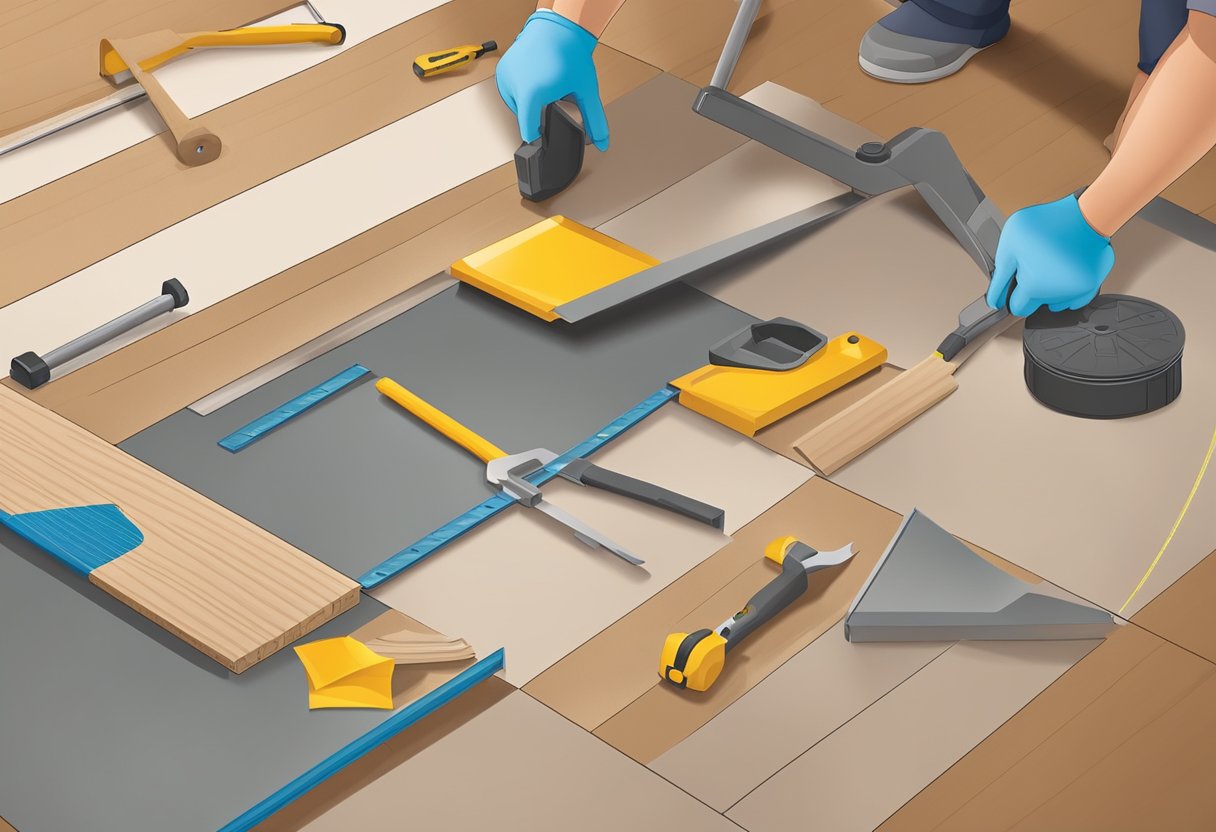 The flooring installation process, showing tools and materials in action