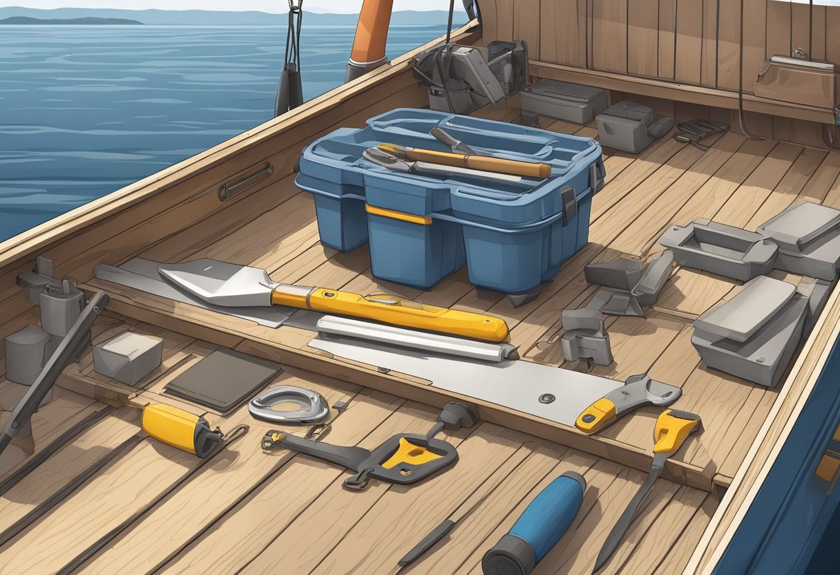 Preparation for laying boat floor. Tools and materials arranged on deck near open hatch