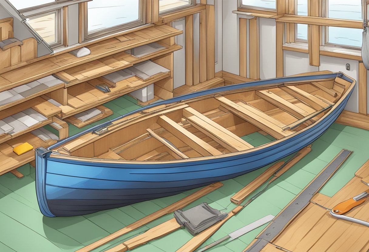 Laying flooring in a boat, showing tools, materials, and process