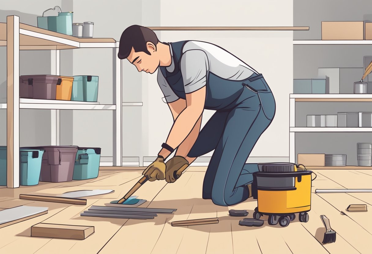 A person prepares materials for leveling a floor. Tools and materials are laid out in a clean, organized workspace