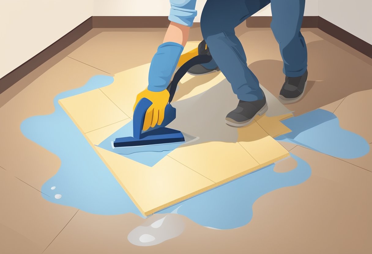 A person installing self-leveling floor in a room, mixing and pouring the compound, spreading it evenly with a trowel, and letting it dry