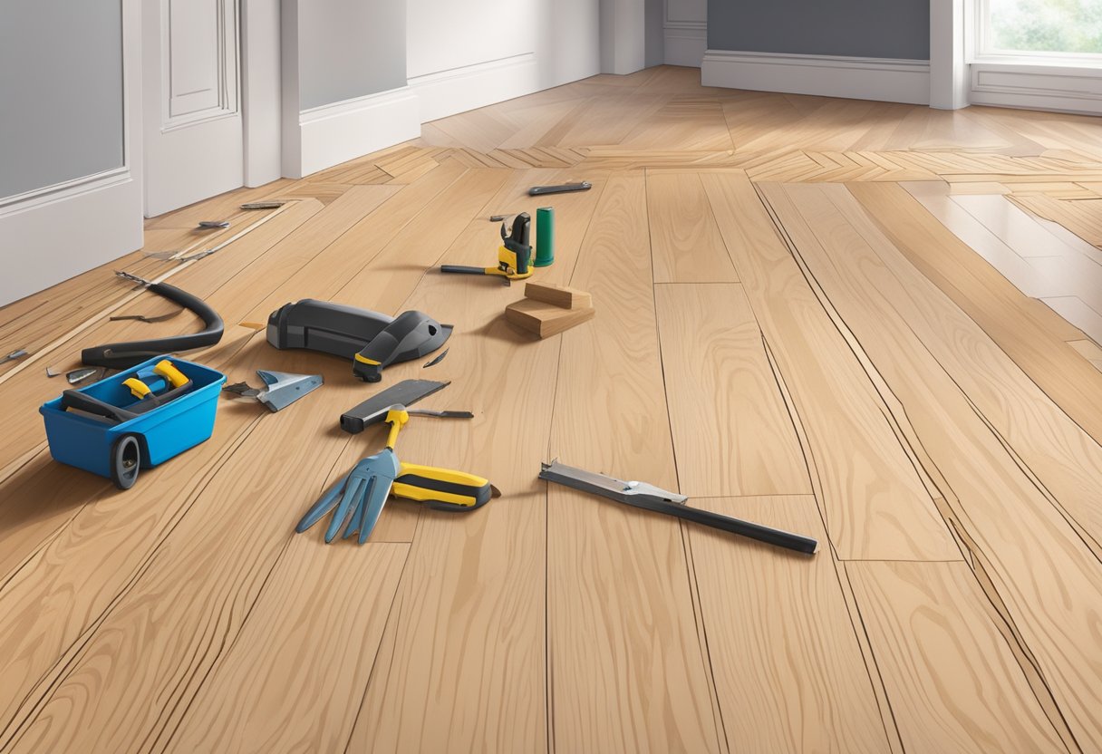 A professional installing tongue and groove parquet flooring with tools and materials laid out nearby