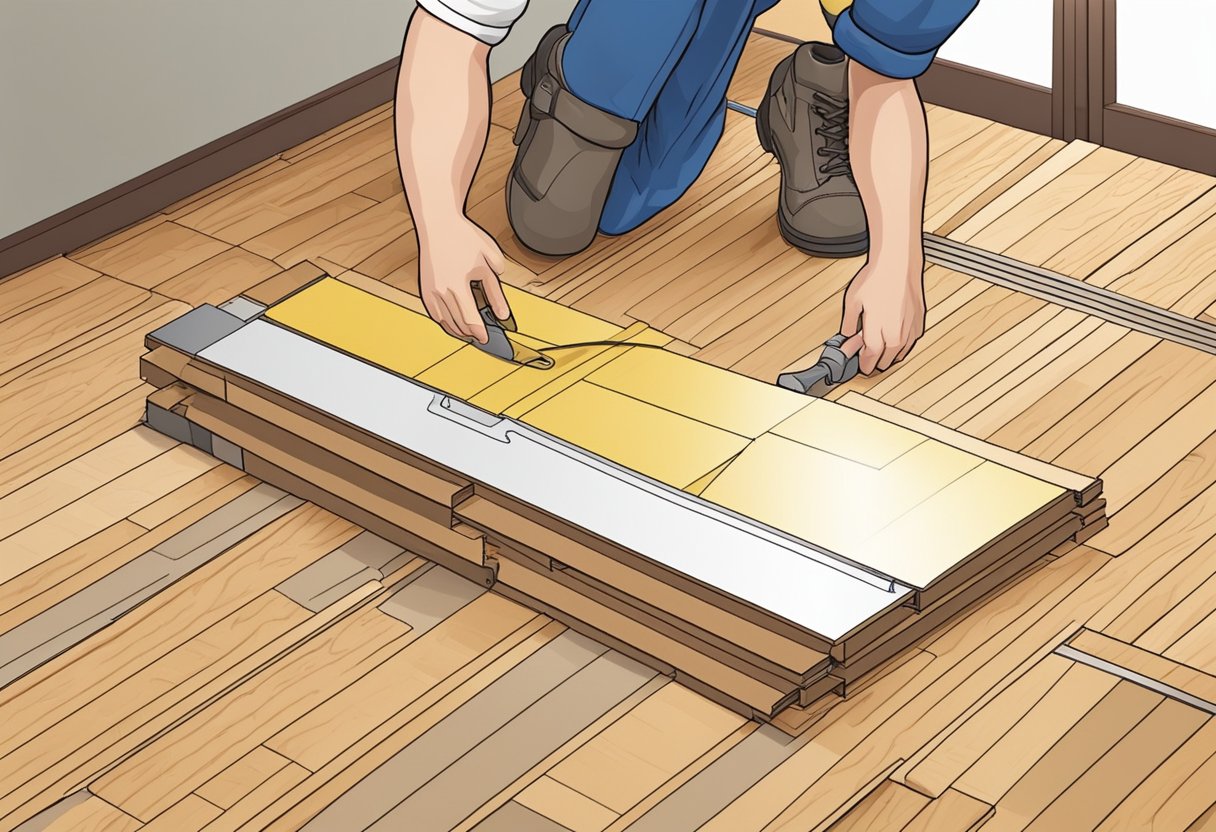 A worker installs and maintains parquet flooring, showing the process and cost