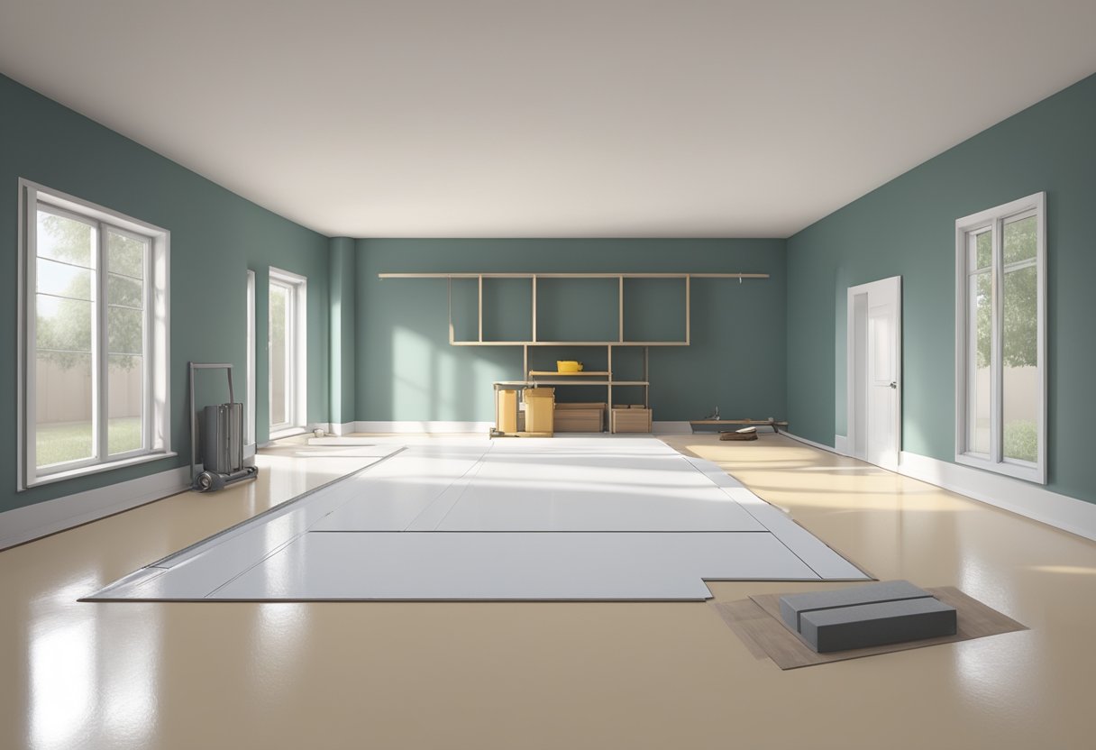 A room with a smooth, level floor being prepared for laying down flooring on top of the self-leveling compound. Materials and tools for the job are neatly organized and ready for use