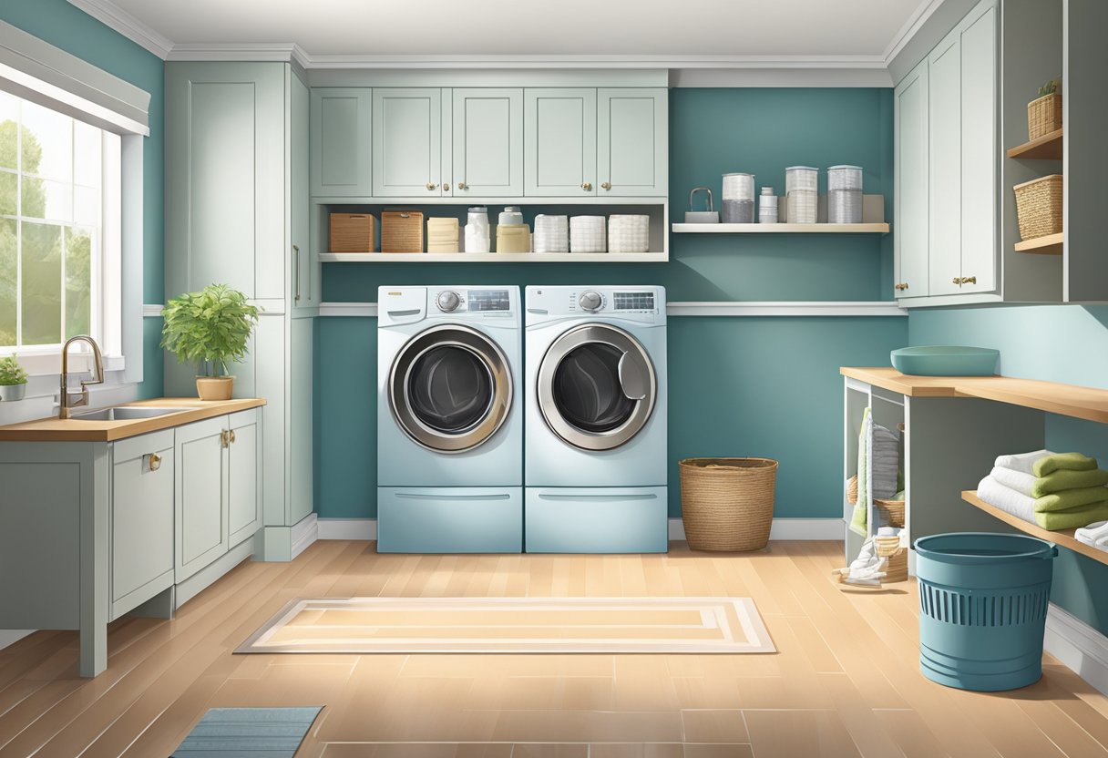 A laundry room renovation scene with floor installation