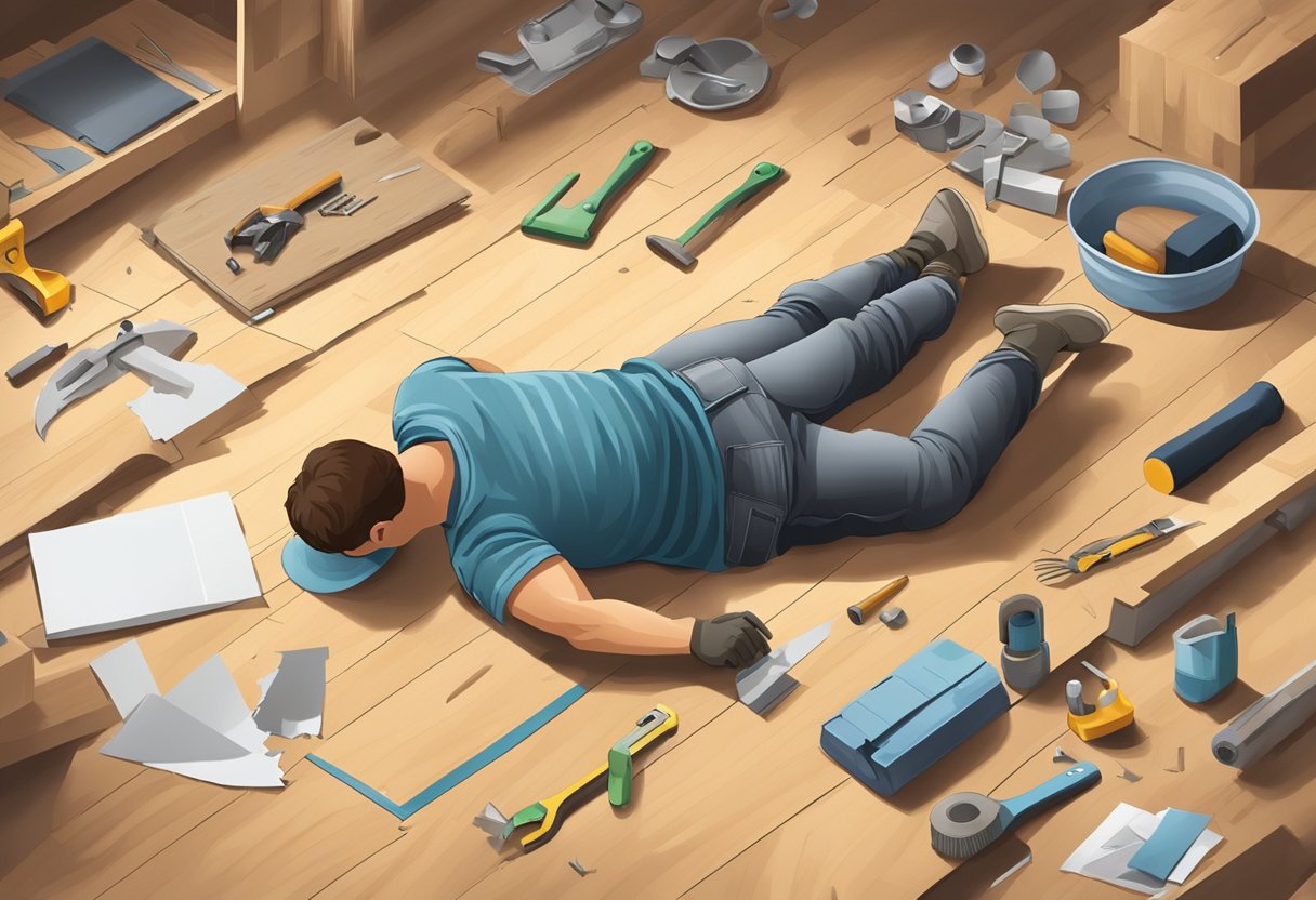 A person laying down flooring, tools and materials scattered around