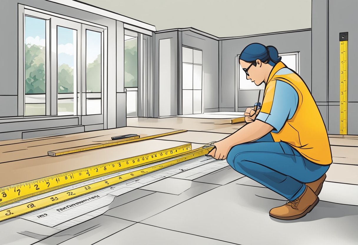 A person measuring and planning the cost of laying a floor themselves. No specific details about the person's appearance or gender are mentioned, so the focus should be on the action of measuring and planning