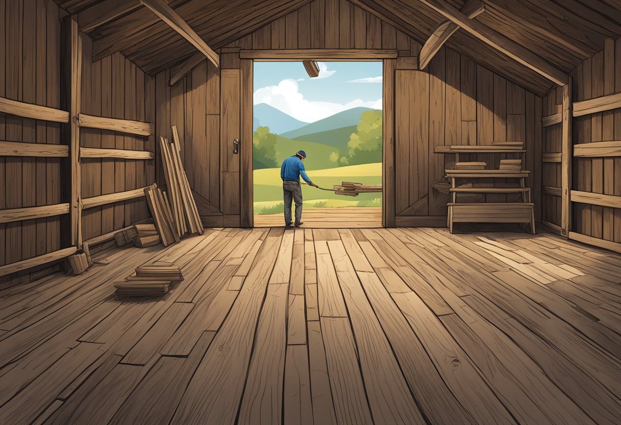 A person laying wooden floorboards in a rustic barn setting