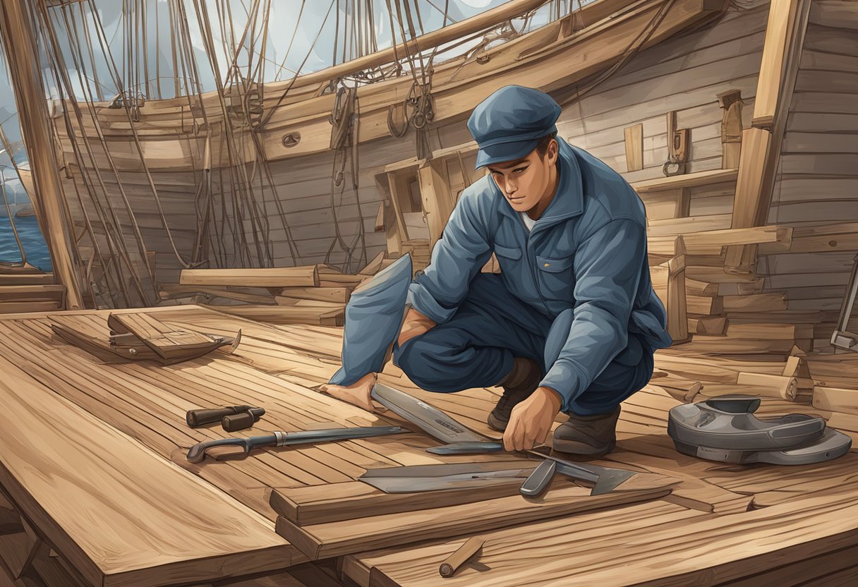 A sailor laying wooden ship deck, tools and planks scattered