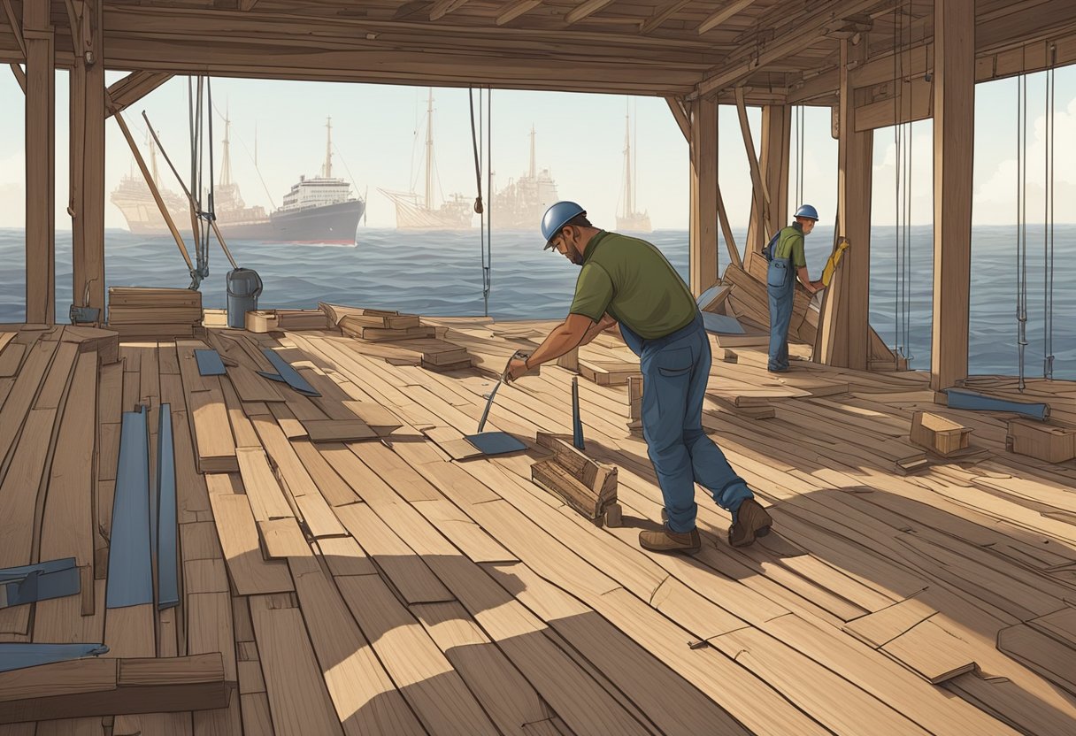 A ship's deck being laid with wooden planks, tools scattered around, and a worker measuring and cutting the planks to fit