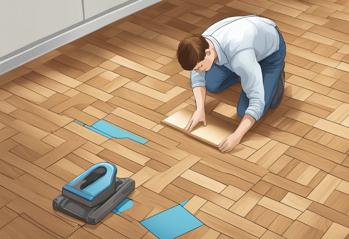 A person laying parquet flooring over linoleum