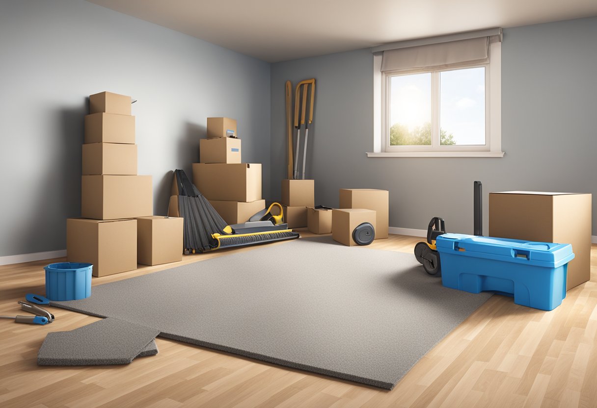 A room with rolled-up carpet, tools, and boxes of click flooring ready to be installed on the floor