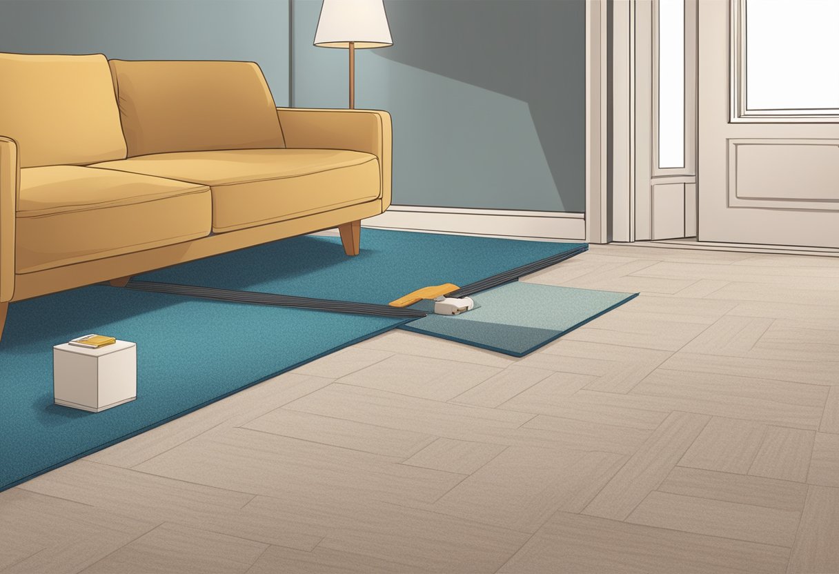 A person installs click flooring over carpet in a room