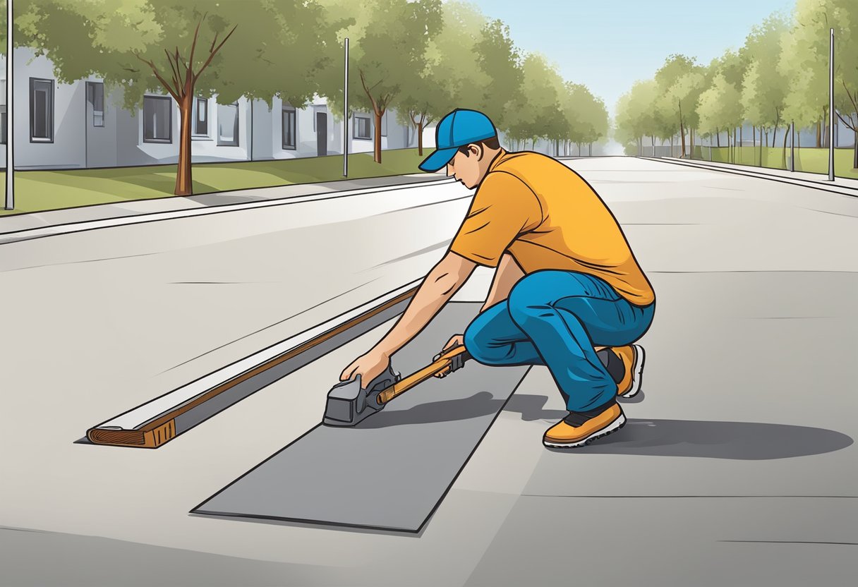 A person laying flooring on asphalt