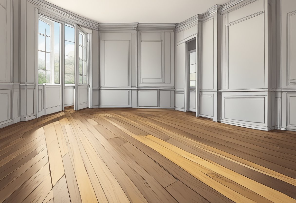 A room with old, worn wooden floors being sanded down or new flooring being laid. Sanding equipment and floorboards visible