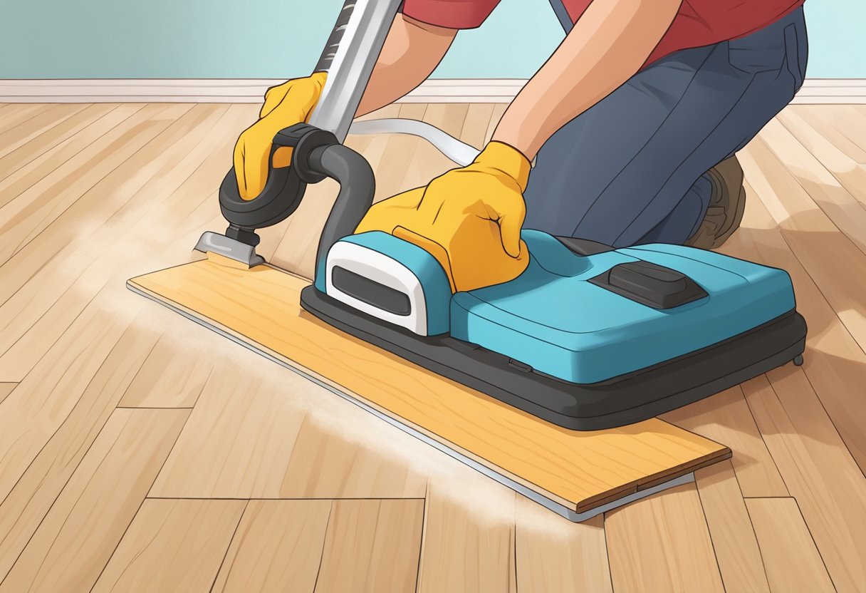 A floor sander smoothing wooden floorboards, while another person lays down new flooring